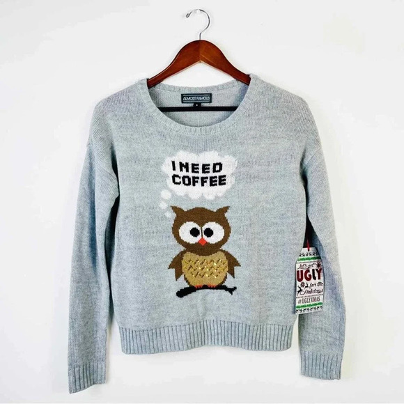 Almost Famous Owl Graphic I need Coffee Sweater Size Small - Picture 2 of 6